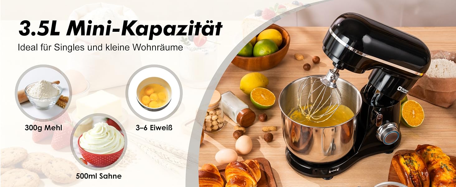 Кухонний комбайн Kitchen in the box Kompakte — планетарний міксер та тістоміс 3.5 л, 10 швидкостей, з насадками (гак, вінчик, міксер), чорний