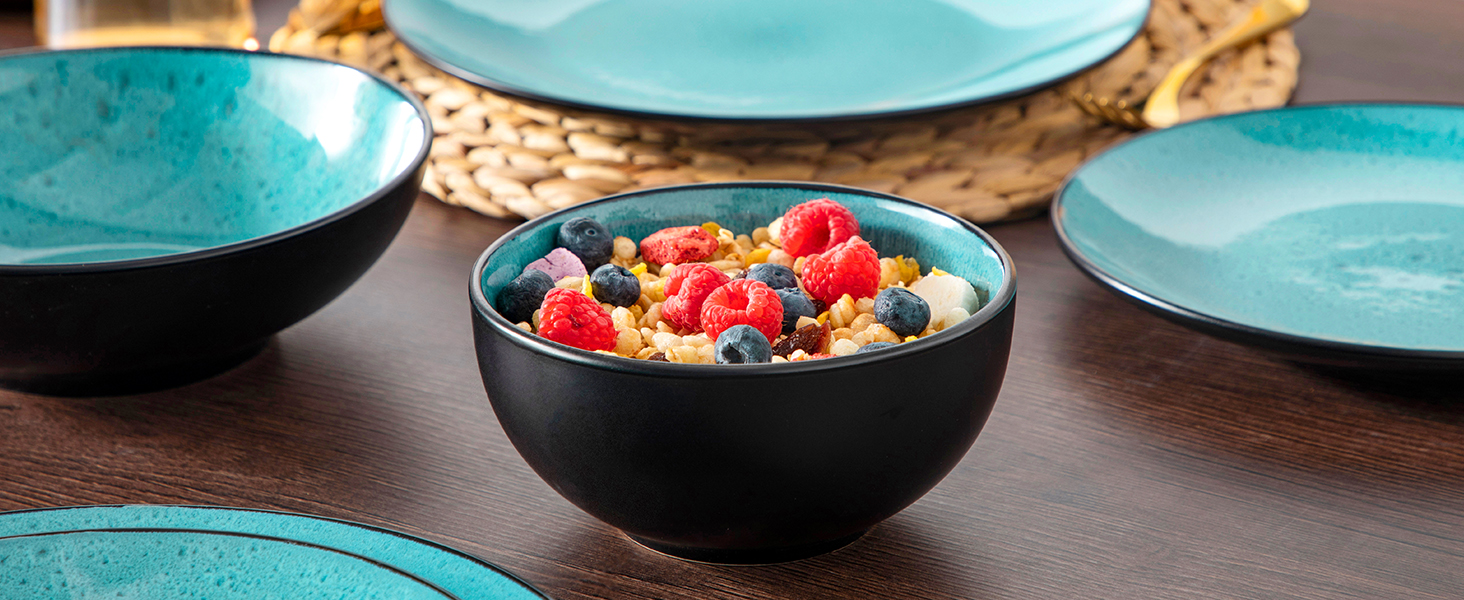 Набір посуду Bubble 6 осіб, 24 шт. з кераміки, зелений: тарілки та миски, мікрохвильова піч