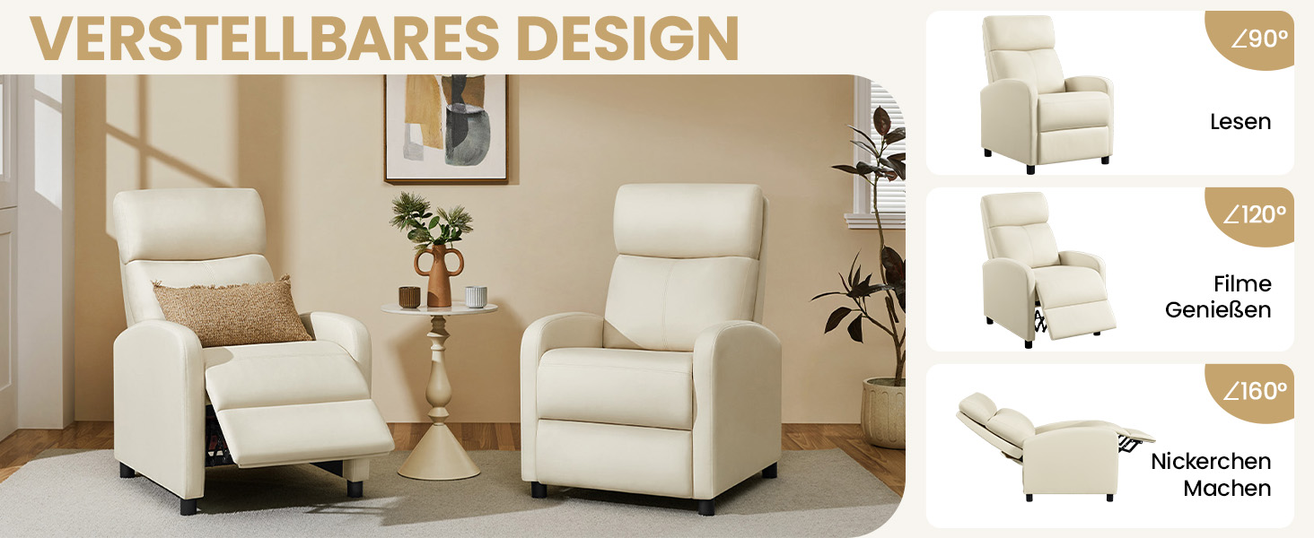 Крісло-релакс Yaheetech з регульованою підніжкою, крісло для телевізора, диван-крісло, крісло для відпочинку (Бежеве, штучна шкіра)