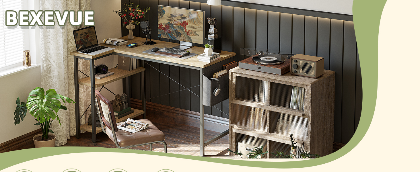 Кутовий комп'ютерний стіл BEXEVUE з розеткою та LED-підсвічуванням, 120x70 см. Ергономічний, з полицями, для дому, навчання та роботи. Чорний колір.