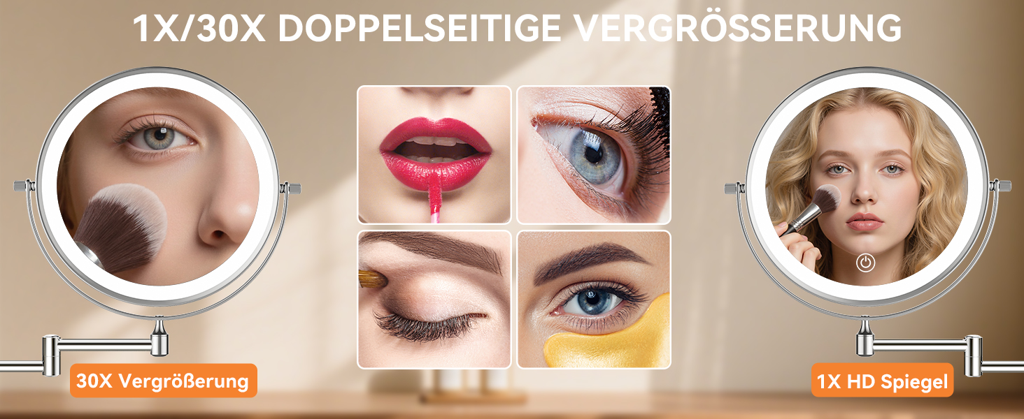 Дзеркало для макіяжу Auxmir з підсвічуванням 1X/30X, перезаряджуване, з LED, для гоління та макіяжу, настінне, поворотне на 360°, з 3 кольорами світла, 3200mAh, срібне