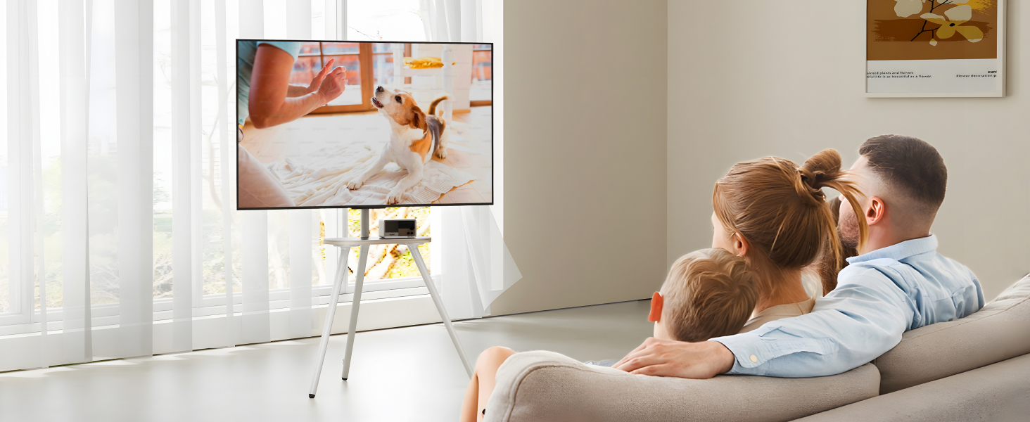 Настінна кріплення для телевізора 43-65 дюймів (LCD, LED, OLED) до 35 кг, регульована висота та поворотна, дерев'яна стійка з дерев'яним підносом, VESA 400x400 мм (білий глянц)