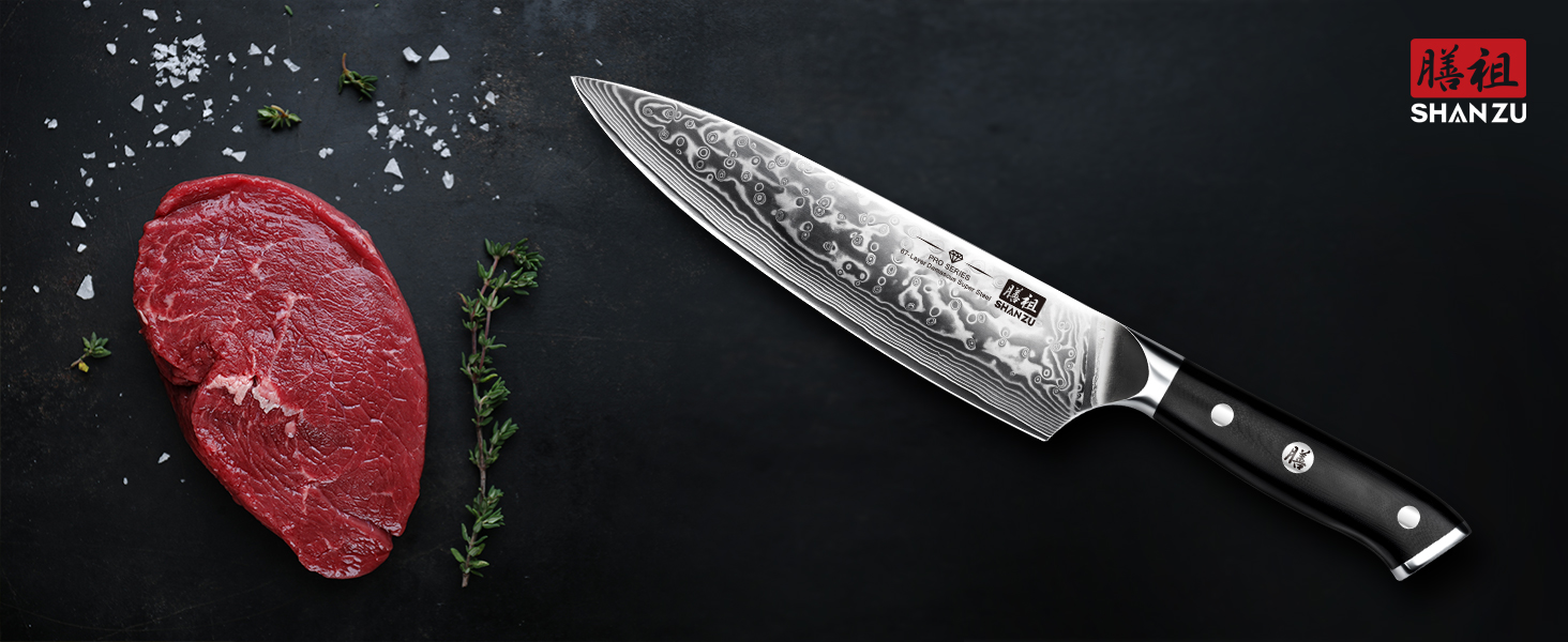 Ніж кухарський SHAN ZU Damast Pro Series, 20 см, 67 шарів дамаської сталі, ручка G10