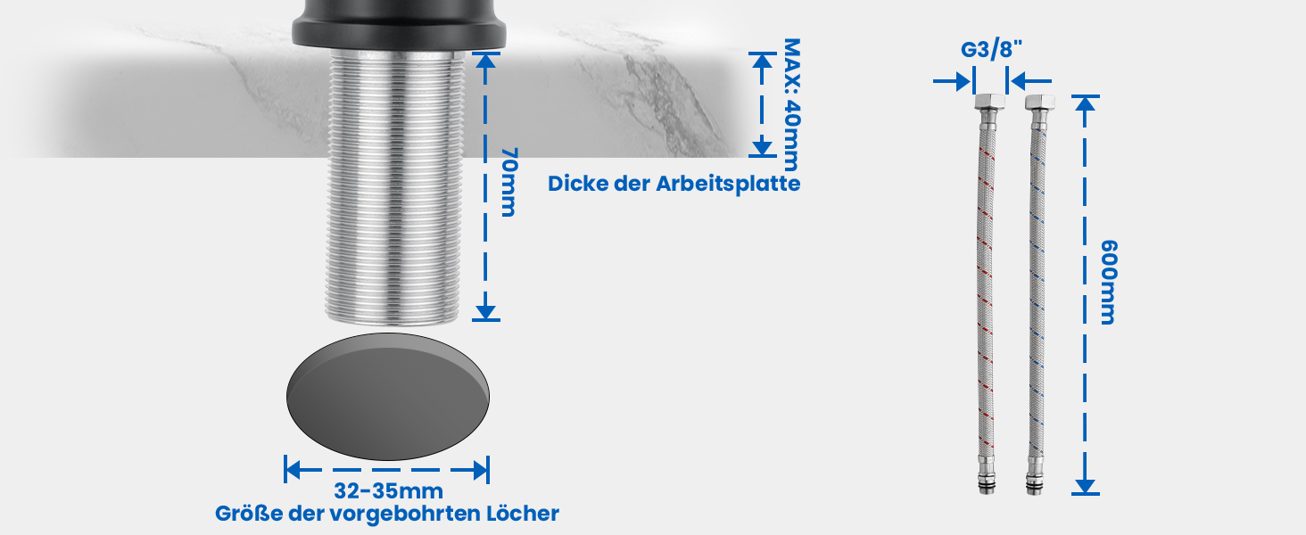 Чорний змішувач для ванної/кухні Auralum з поворотним гусаком 360°, з нержавіючої сталі, з підключенням 60 см, однорідний