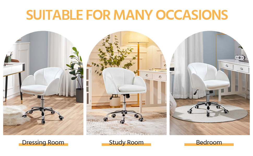 Крісло Yaheetech для дому та офісу: крісло для макіяжу, крісло для робочого столу, регульоване по висоті, поворотне, до 136 кг, з підлокітниками та спинкою, для спальні, офісу, вітальні, біле, велюрове
