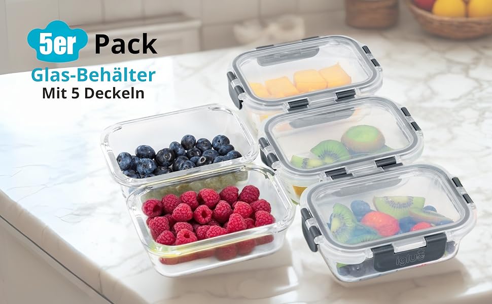 Набір скляних контейнерів для їжі Igluu Meal Prep (10 шт) — 370 мл та 1050 мл, герметичні ланч-бокси для зберігання продуктів