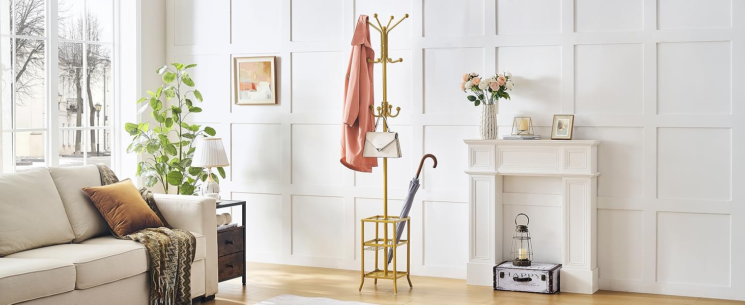 Стійка для одягу FAVOOOSTY з підставкою для парасольки, 12 гачків, для вітальні/спальні, срібло/золото