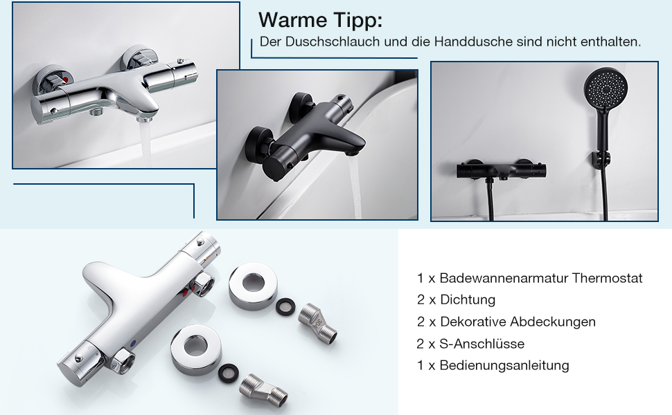 Змішувач для ванни з термостатом, дощова лійка для душу, хром. Змішувач для ванни з термостатом для 2 споживачів