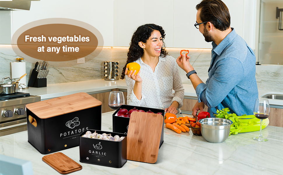 Набір контейнерів для зберігання картоплі, цибулі та часнику (3 шт.), бамбуковий кришка, чорний колір