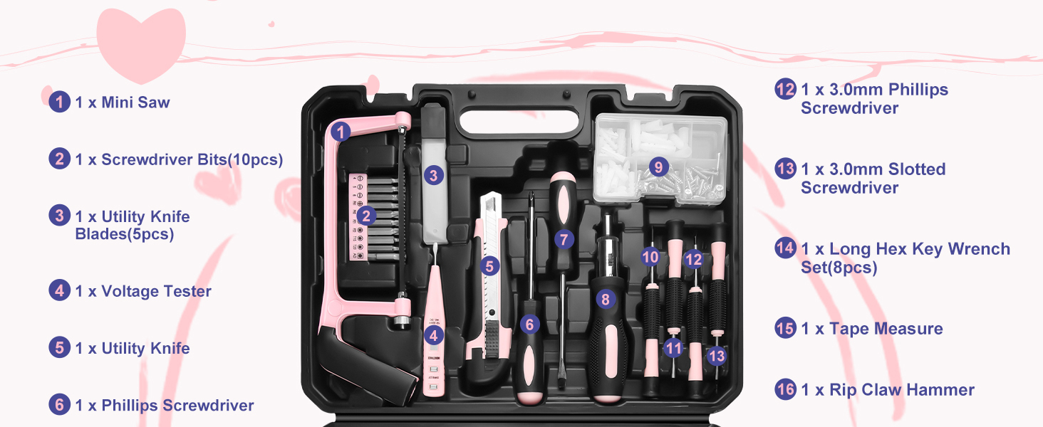 Набір інструментів Sundpey 148 предметів в кейсі - рожевий, з викрутками, ключами, плоскогубцями та тестером напруги для дому та майстерні