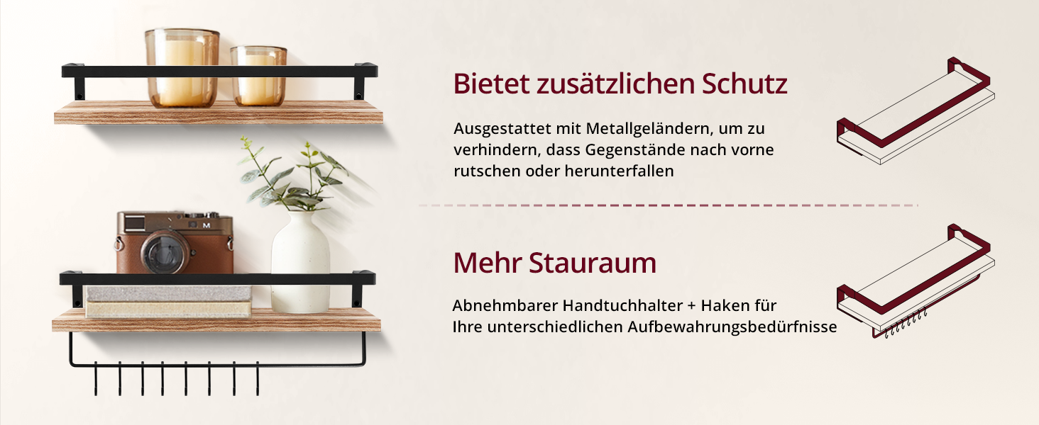Набір підвісних полиць з дерева Uten (2 шт), рустикальна настінна полиця з тримачем для рушників, світло-коричнева — для ванної, кухні, вітальні та спальні