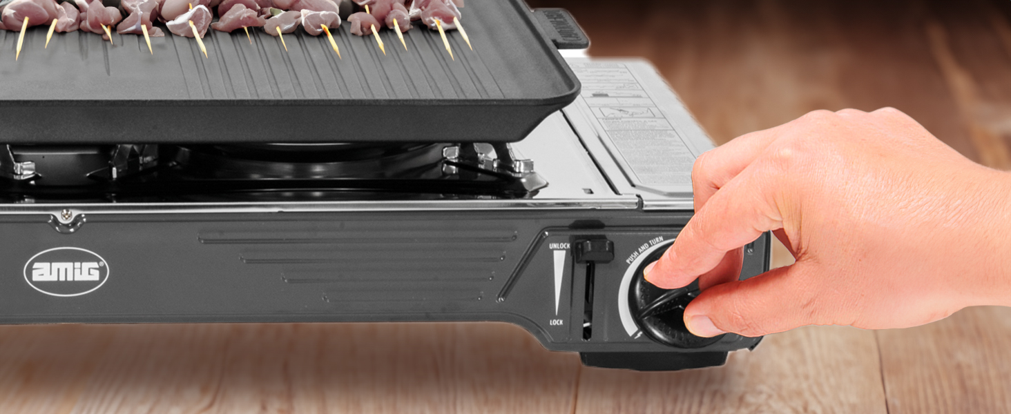 Газовий балонний пальник Amig CAMP01 з 1 конфоркою, вбудованим вітрозахистом та нержавіючою сталею, 2.2 кВт, сумісний з картриджами B-250