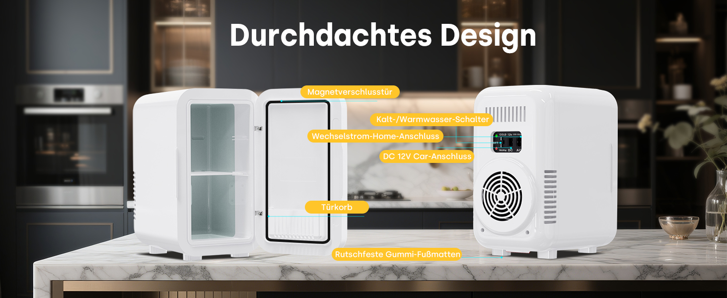 Міні-холодильник Enventor 6 л (8 банок), портативний охолоджувач та підігрівач, живлення AC/DC 12V для авто, спальні, косметики та напоїв, білий
