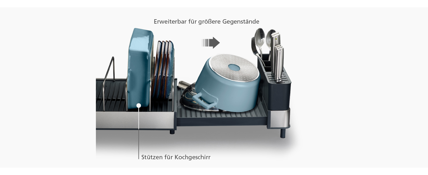 Сушарка для посуду Joseph Joseph Extend Max Steel з контейнером для столових приладів, сіра, нержавіюча сталь - велика місткість
