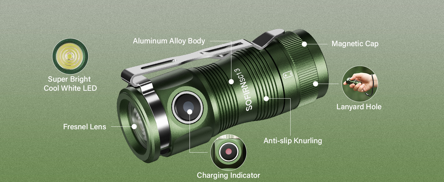 Міні світлодіодний ліхтар Sofirn SC13, 1300 лм, 5 режимів, IP68, EDC, зелений