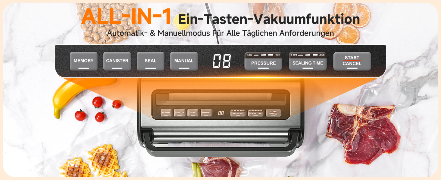 Вакууматор для продуктів 9-в-1 з потужністю 95 кПа, регулюванням часу та тиску, функцією пам'яті, подвійним запаянням, вбудованим різаком та відсіком для пакетів, корпус із нержавіючої сталі, у комплекті 2 ролини та шланг