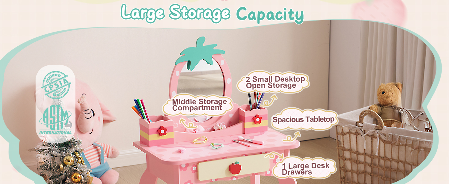 Детский туалетный столик LEADZM с пуфом для девочек, с двумя зеркалами 180°, с ящиком, белый и розовый, для детей 3-9 лет