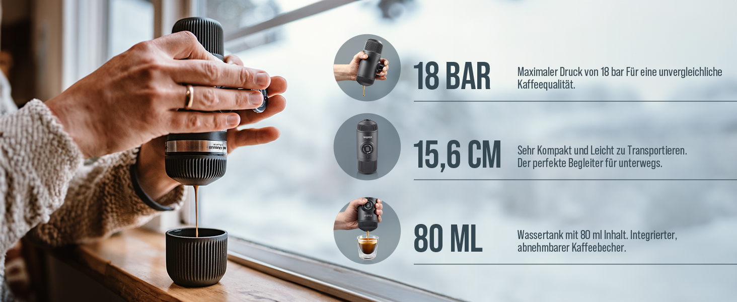 WACACO Nanopresso: портативна кавомашина для еспресо, сумісна з Nespresso® та змеленим кави, для подорожей та кемпінгу