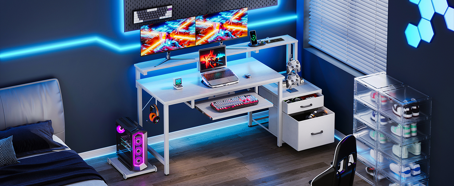 Ігровий стіл Coleshome з LED підсвічуванням, 140x48 см. Стіл з тканиними ящиками, комп'ютерний стіл з 2 розетками та 2 USB-портами, стіл для ігор з підставкою для монітора для дому/офісу, білий 140x48 см