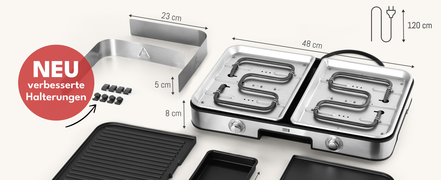 LEBENLANG Електричний гриль для столу - з щипцями та захистом від бризок | 2400W | Для дому та вулиці | Гриль для балкона, столу | Електричний гриль-плита