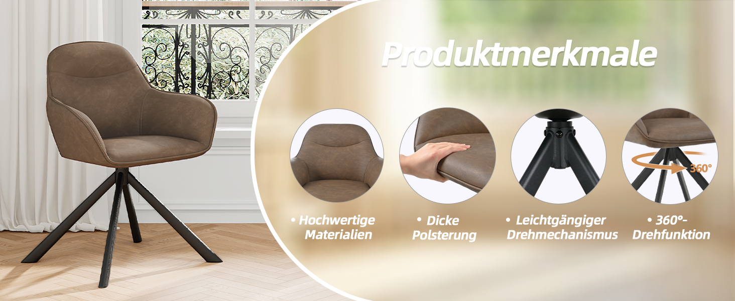 Обідній крісло з підлокітниками, набір з 6 обертових крісел, крісло для кухні, офісу, м'яке крісло з поліестеру та металевими ніжками, спинкою (6 шт., темно-коричневий)