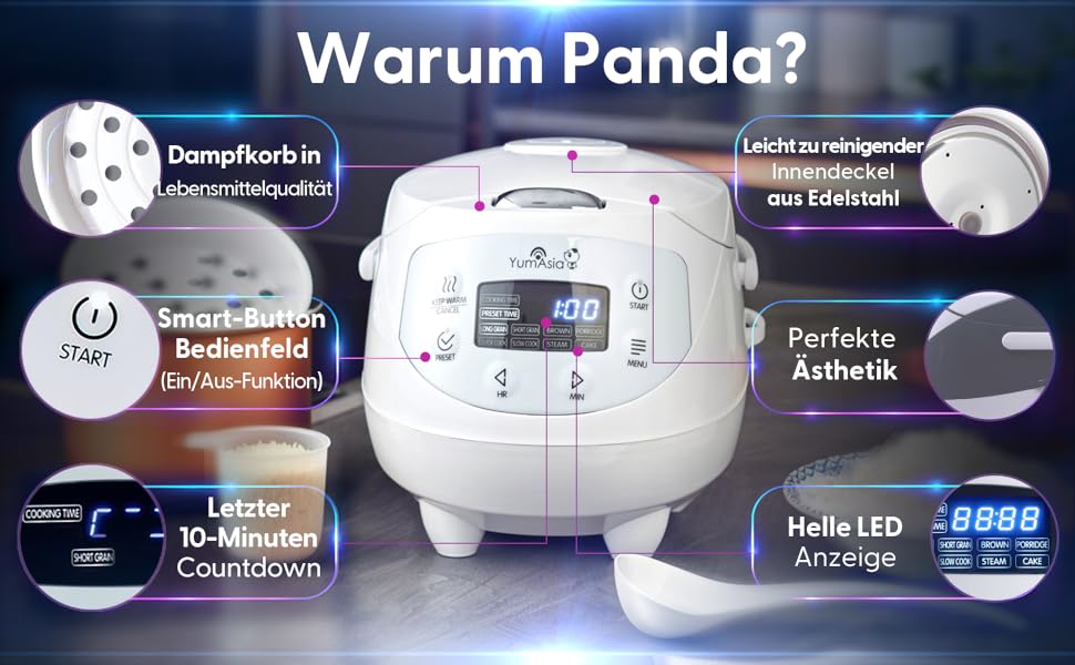 Рисварка Yum Asia Panda Mini з керамічною чашею Ninja та технологією Fuzzy Logic (3,5 чашки, 0,63 л) - 4 функції приготування рису, 4 функції мультиварки, 220–240V (Arctic White)