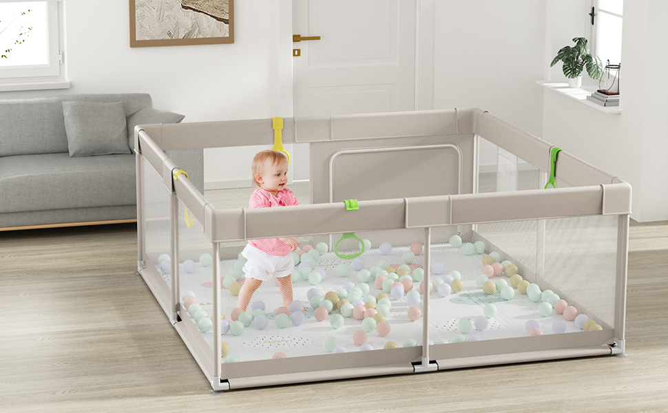 Дитячий манеж Uanlauo 150x150 см з ігровим килимком, XXL манеж для дітей, ігровий простір для малюків на вулиці та вдома, з дверцятами на блискавці та 4 тримачами, 150x150 см