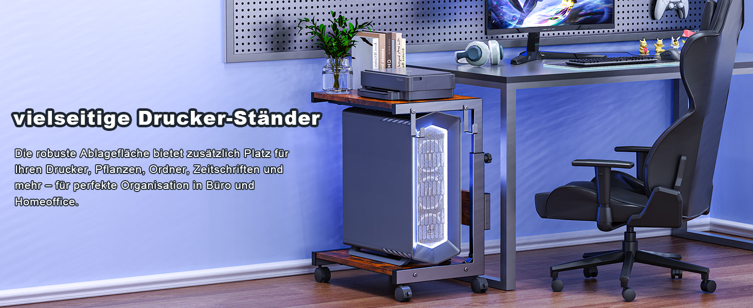 Регульована підставка для комп'ютера Tower з 2-ярусним корпусом ATX, підлоговий стійк, стійка для 3D-принтера з полицями, фіксуючі колеса, сумісна з більшістю комп'ютерів (темно-коричневий, W44 x D30 x H44-59.5cm)