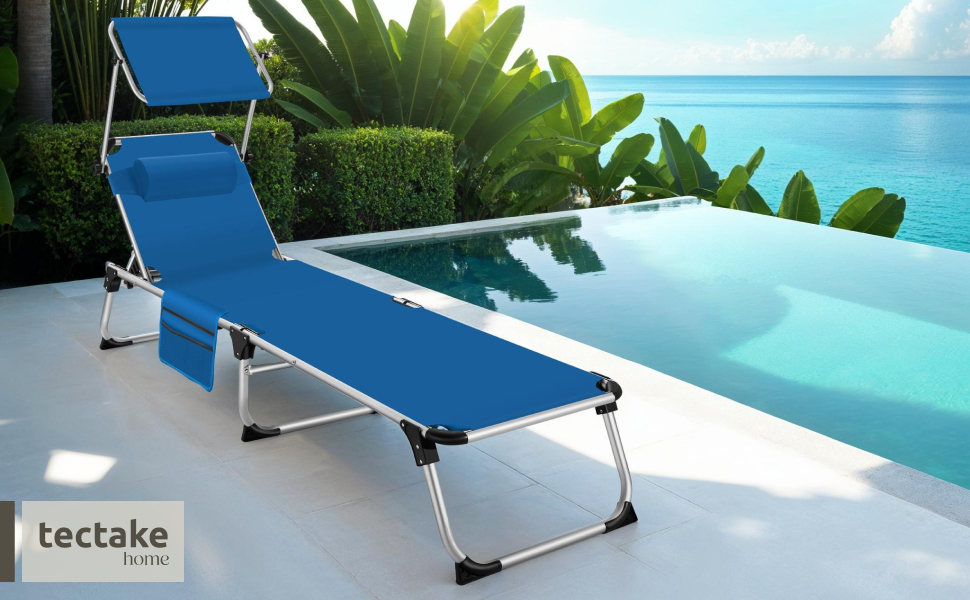 Шезлонг Tectake з дахом, шезлонг для балкона з алюмінію, складаний садовий шезлонг, стійкий до погодних умов, лежак для саду, кемпінгу та пляжу, регульована спинка, подушка для голови, бічна кишеня - сірий меланж (блакитний)