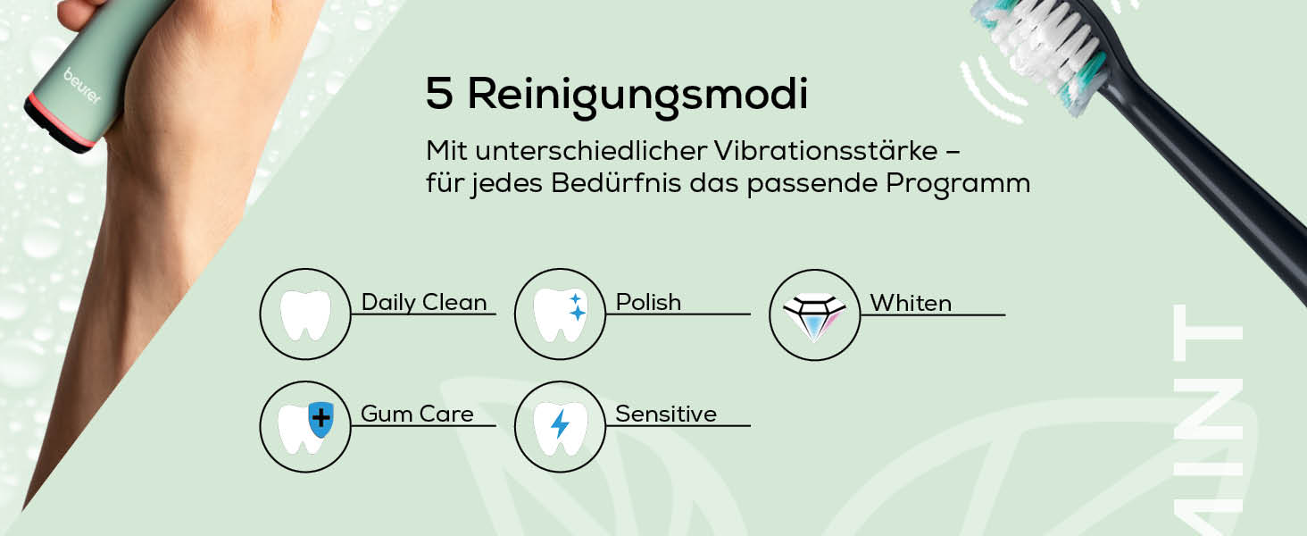 Електрична зубна щітка Beurer SC 30: 4 режими чищення, 80 000 коливань, таймер, індикація LED, 2 насадки, корпус з переробленого пластику (М'ята)