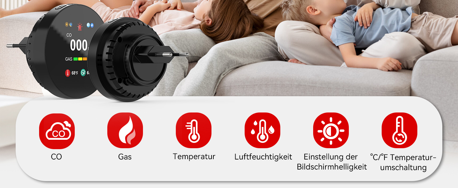 Детектор чадного газу та газу з вилкою, 4-в-1 CO-детектор з датчиком температури та вологості, з акустичним сигналом для дому та автокаравану, 1 шт. (Чорний)