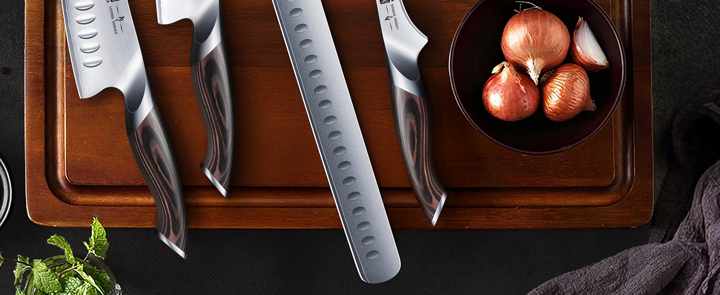 Набір кухонних ножів HOSHANHO 7 предметів: професійний набір з японської сталі з високим вмістом вуглецю, ультрагострі ножі з ергономічними ручками з паккавуда (2 ножі для обробки м'яса)