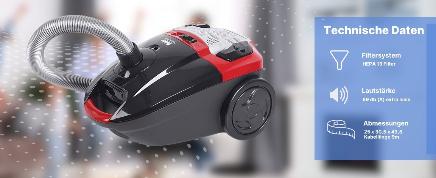 Пилсос Fakir Red Vac Power з мішком, 700W, з кабелем, HEPA фільтр H13, тихий двигун 69dB(A), мішок 3л, радіус дії 9м, чорно-червоний, циліндричний