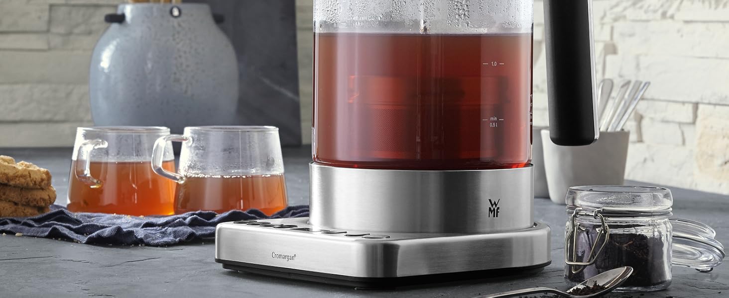 Електричний чайник WMF Lono Silk 1.6 л з нержавіючої сталі, з фільтром від накипу, бездротовий, з поворотним підставою, антифнгер, відкривання однією рукою, зовнішній індикатор рівня води (1.4л - 1.7л)