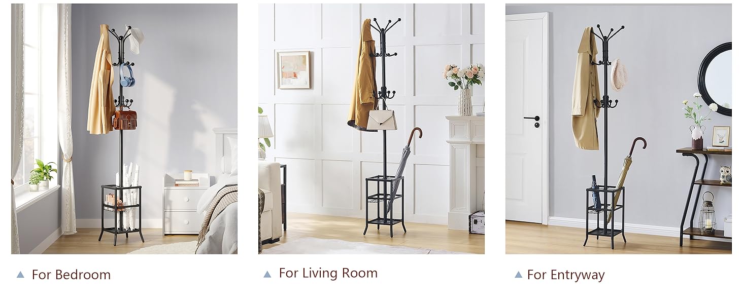 Настінна/підлогова вішалка для одягу FAVOOSTY з підставкою для парасольки, 12 гачків, срібна/чорна