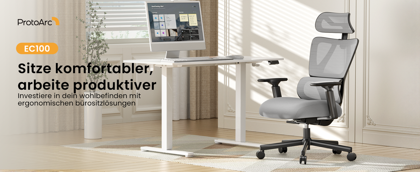 Офісний крісло ProtoArc EC100 сірого кольору з товстим пружинним сидінням, підтримкою попереку, регульованими підлокітниками та підголівником, сітчасте крісло для дому та офісу