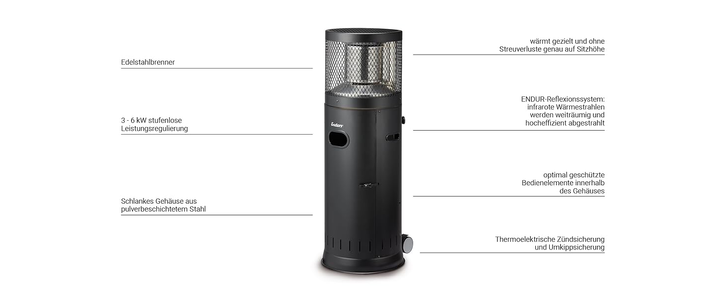Газовий терасної обігрівач Enders Polo Black 2.0 з регулюванням 3-6 кВт, нержавіюча сталь, ENDUR Reflexionssystem, транспортні колеса, захист від перекидання, чорний