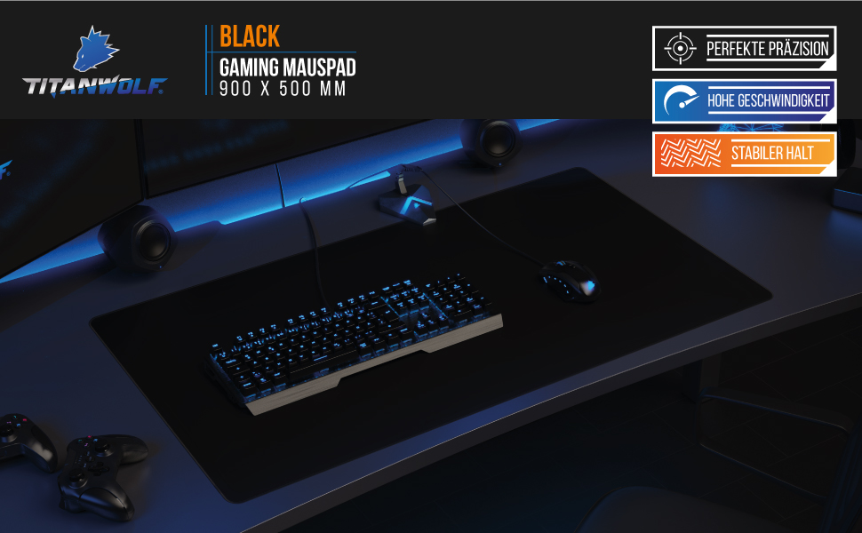 Ігровий килимок для миші Titanwolf XXXL (1200x600мм) — великий геймерський килимок з принтом для миші та клавіатури, чорний