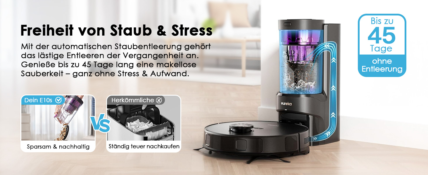 Робот-пилосос EUREKA E10s 2.Gen з вологою ганчіркою + станція самоочищення (4000Pa, LiDAR, автопідйом мопа, розпізнавання килима, керування через додаток/голос), чорний