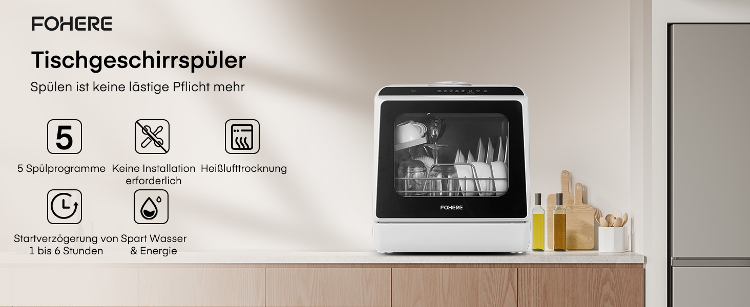 Посудомийна машина Fohere компактна 5л з таймером відкладеного старту (6 годин), 6 програм, для кухні, кемпінгу, автодому