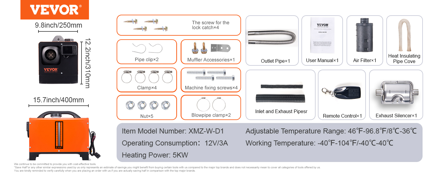 Автономний дизельний опалювач VEVOR 12V 5kW з LCD-дисплеєм, пультом дистанційного керування та Bluetooth, 0.16-0.52 л/год, помаранчевий