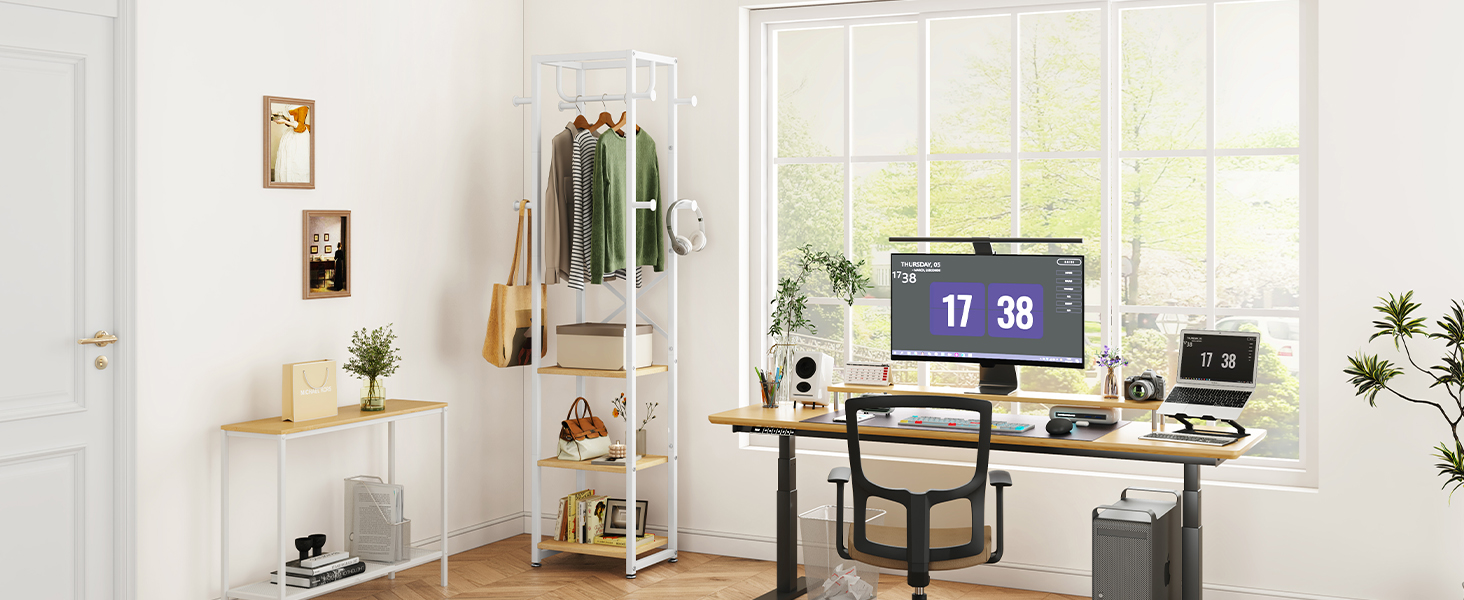 Підставка для одягу IBUYKE, вільного стояння, з 3 полицями та 8 гачками, індустріальний дизайн, для передпокою, коридору, спальні, 180 x 40 x 30 см, колір: натуральний та білий