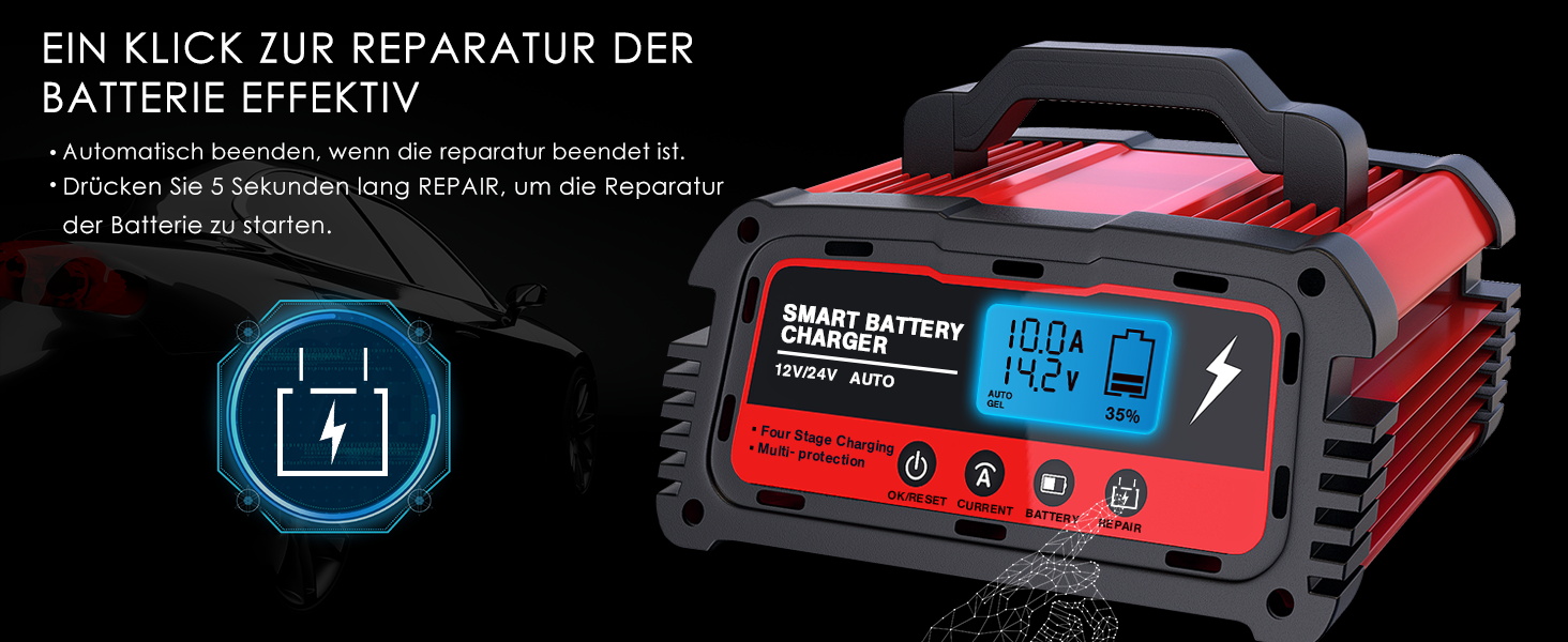 Зарядний пристрій для акумулятора 12V/24V LEICESTERCN - Автомобільний, мотоциклетний, з LCD, 5/10/25A, 6-ступінчастий, з багаторазовим захистом