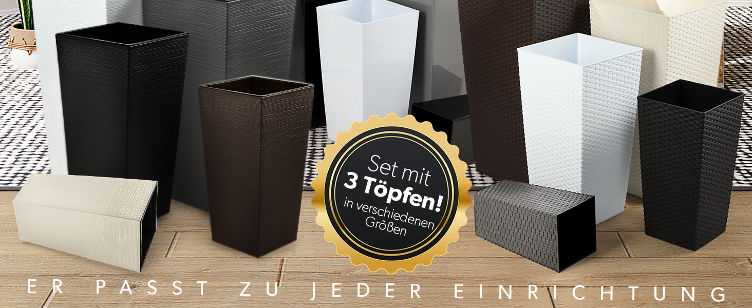 Набір з 3 горщиків для квітів KADAX, Мокко Ратан, 36/46,5/57,5 см, вологостійкий пластик