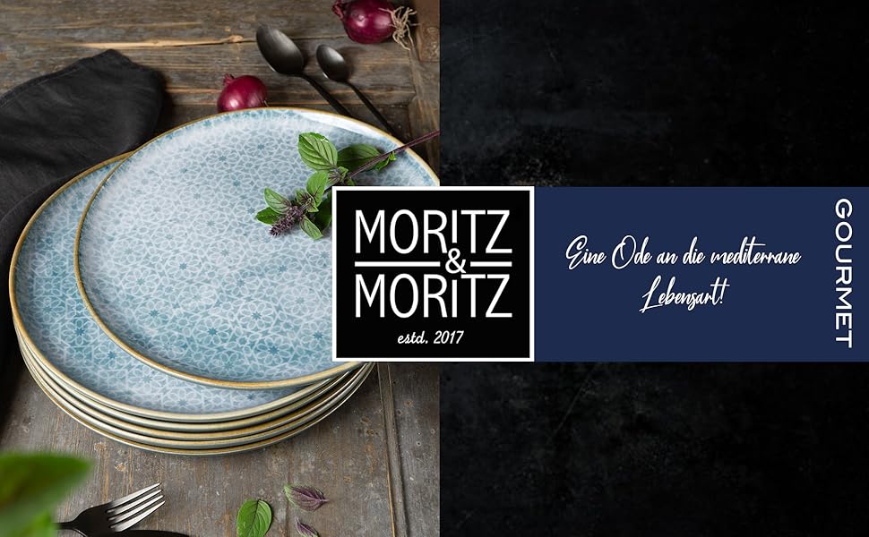 Набір посуду Moritz & Moritz TERRA на 6 осіб: 6 тарілок для їжі, десертних тарілок, мисок (Азурний блакитний), 6 великих тарілок з високоякісного порцеляну