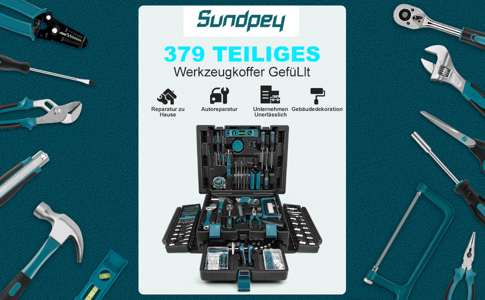Набір інструментів Sundpey 379 предметів в кейсі з висувним ящиком, універсальний набір для дому та ремонту, синій