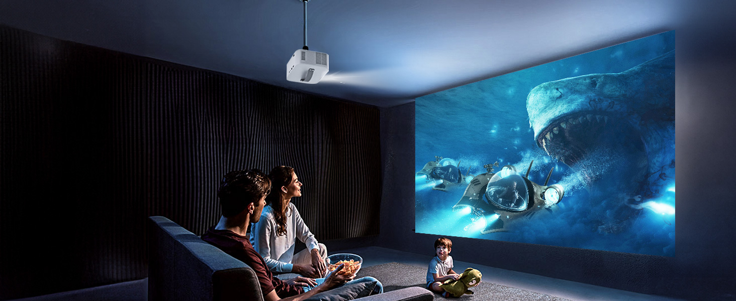 Портативний проєктор Beamer 4K з Dolby Audio, HDR10, WiFi6, Bluetooth 5.4, Auto Fokus, для домашнього кіно та перегляду спортивних подій, білий