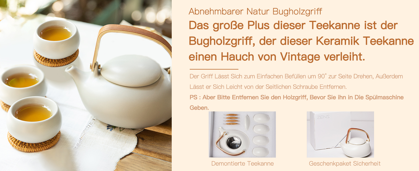 Чайний сервіз Zens порцеляновий з ситечком, 800 мл, матовий японський чайник з дерев'яною ручкою, керамічний білий з 4 чашками і підставкою з ротанга