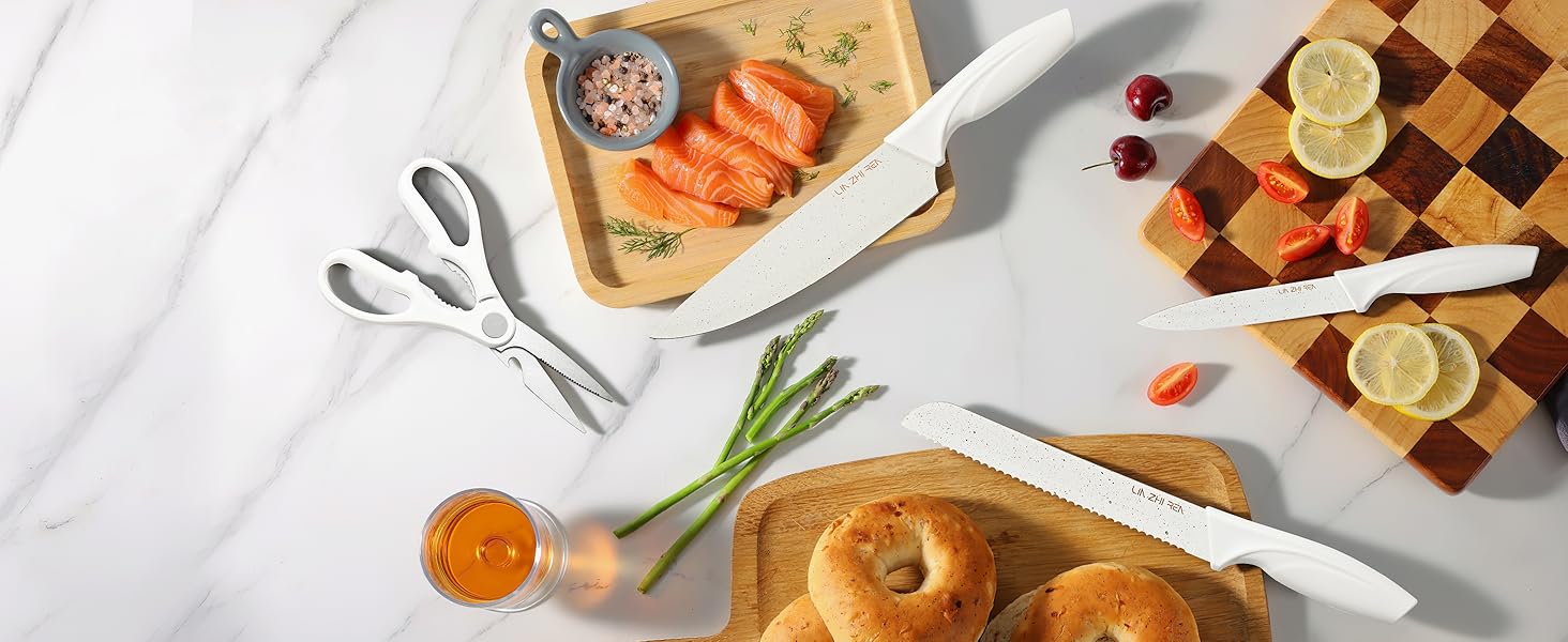 Набір ножів кухонних 15 предметів з точилкою, нержавіюча сталь, для нарізки, шинкування, нарізання кубиками, безпечний, (Білий)