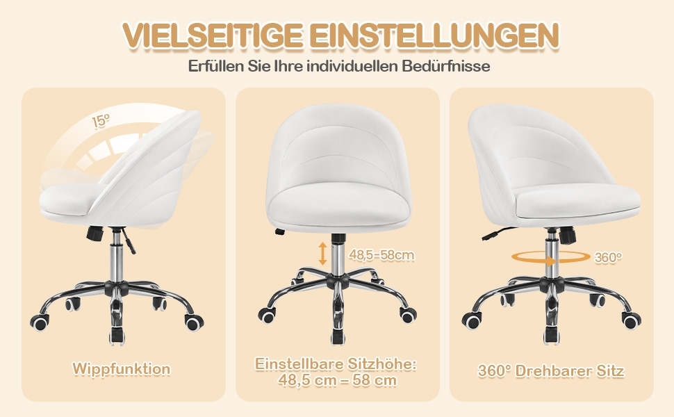 Крісло Yaheetech для дому та офісу: крісло для туалетного столика, обертове, з регулюванням висоти, на роликах, біле, до 136 кг